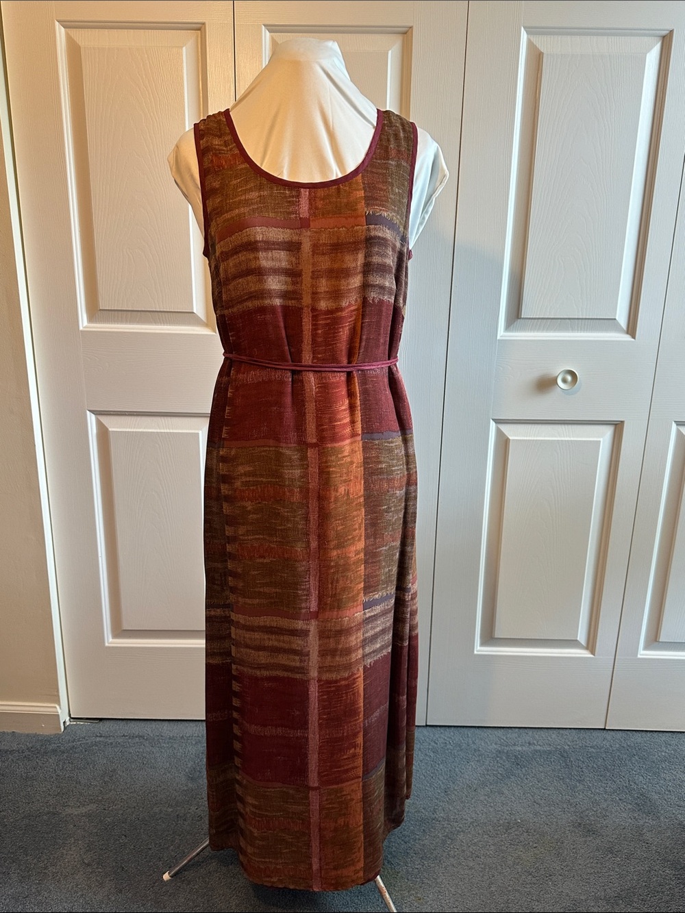 Carole Little Patchwork Maxi Dress in Burgundy, Olive and Rust